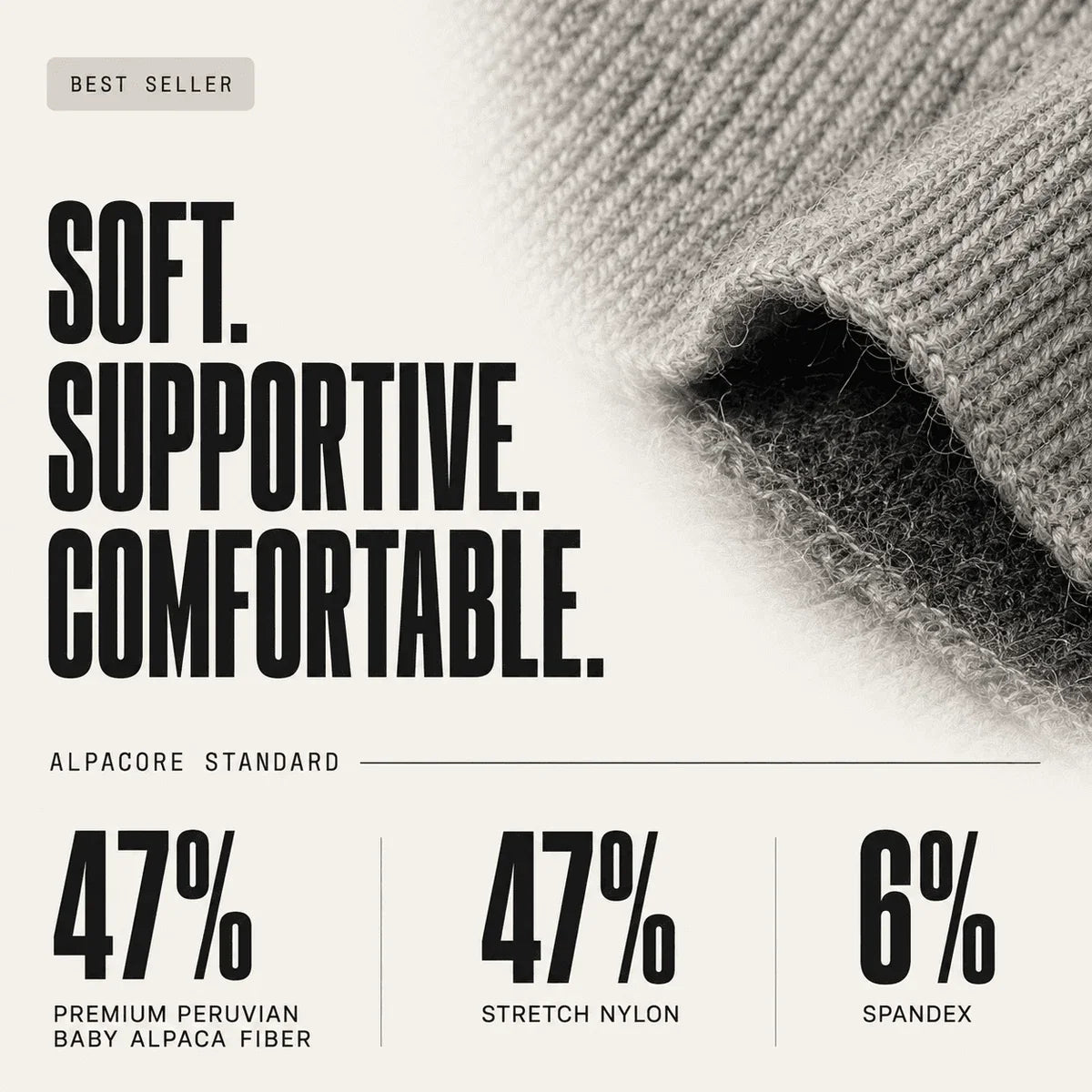 ALPACORE fiber composition — 47% premium Peruvian baby alpaca, 47% stretch nylon, 6% spandex