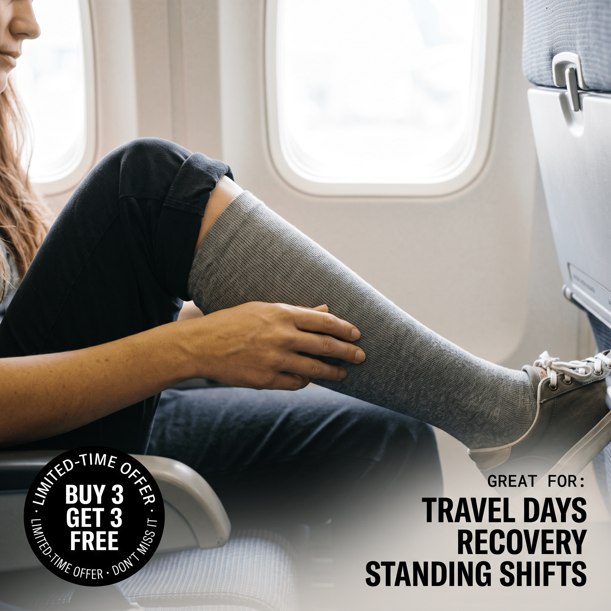 Woman on airplane wearing gray knee-high alpaca compression socks