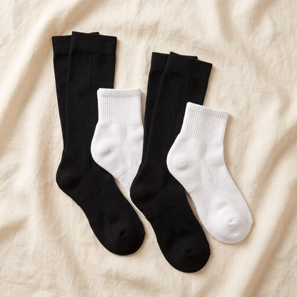 Compression Bundle flat lay - 2 knee-high and 2 ankle pairs folded on cream linen