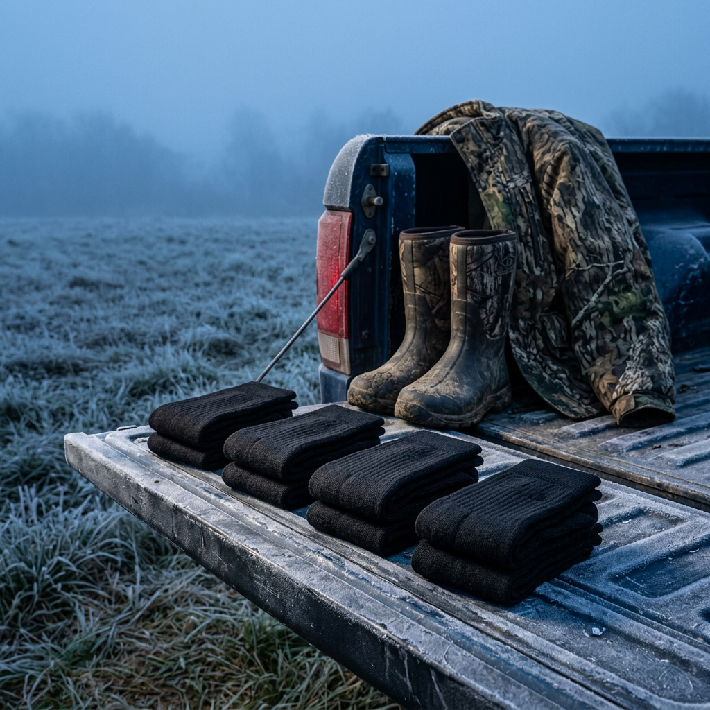 Hunt Bundle on a pickup tailgate at dawn beside rubber hunting boots in a misty field