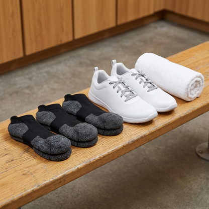 No-Show Bundle on a gym bench beside white training sneakers - four pairs of no-show socks