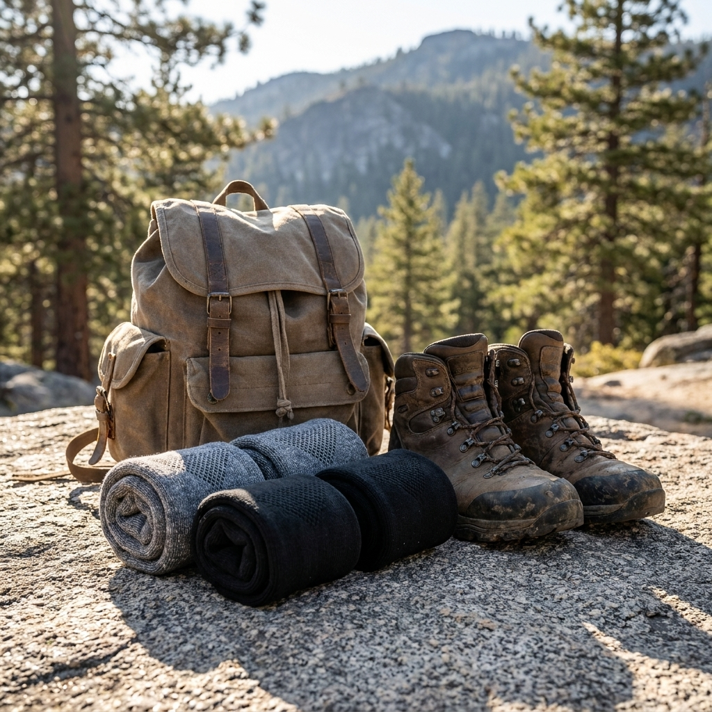 Trail Bundle on a rock at a mountain trailhead beside a backpack and hiking boots