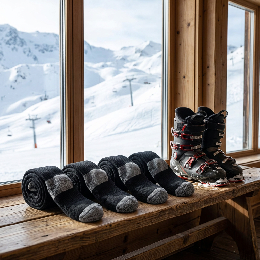 Ski and Snow Bundle on a ski lodge bench beside ski boots with slopes through the window