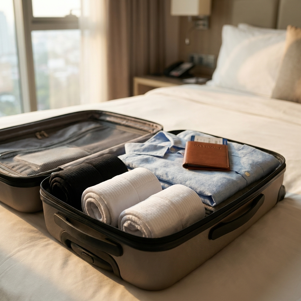 Compression Bundle packed in a carry-on suitcase - four pairs rolled beside a passport
